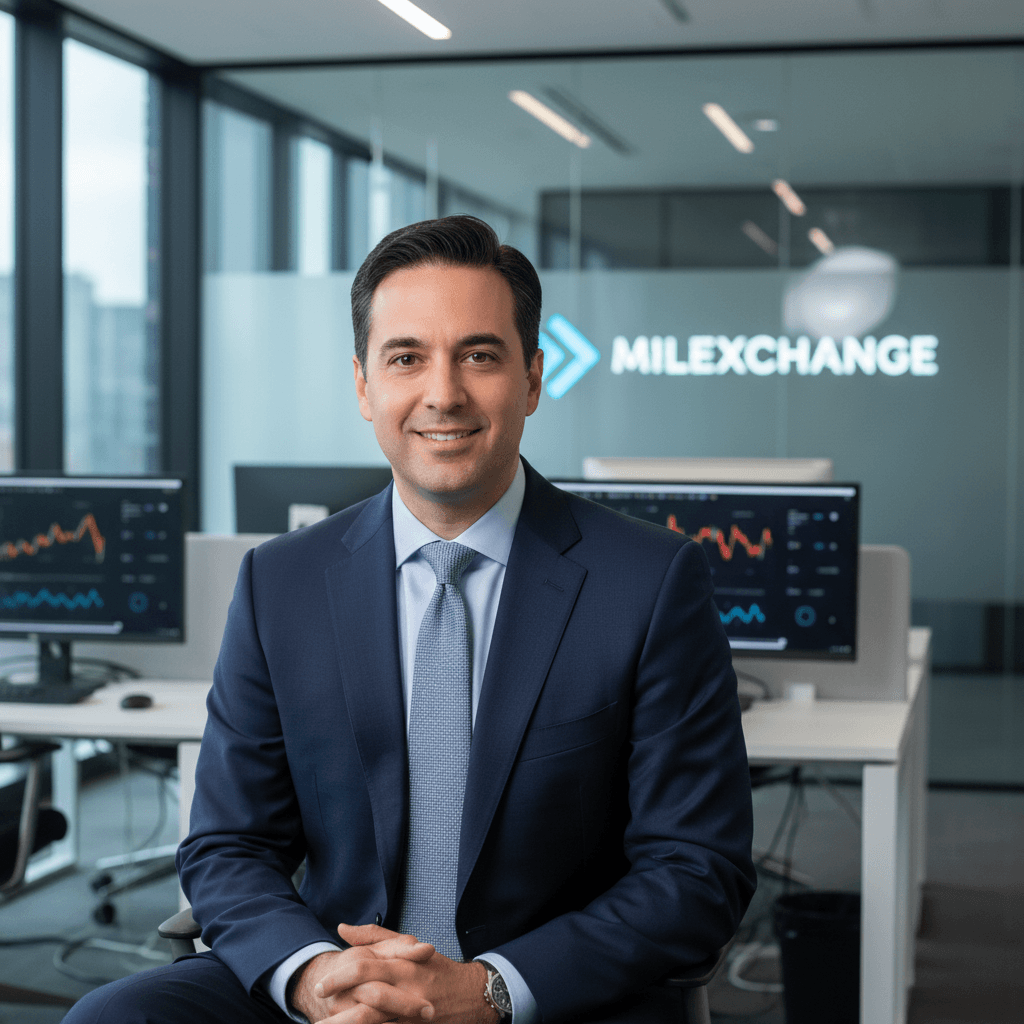 Confident business leader Yisroel Weinstein in a fintech office with a blurred background