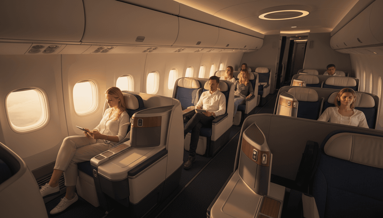 Luxury business-class airplane cabin with premium seating and natural sunlight