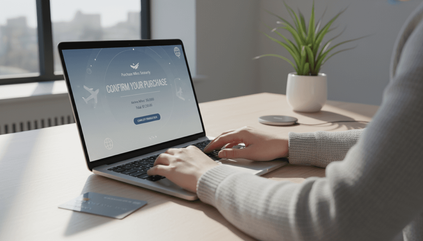 Person purchasing airline miles on a laptop with a credit card on a desk