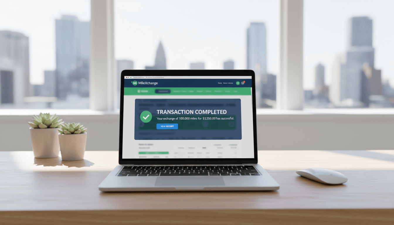 MacBook showing successful MileXchange transaction in a modern office setting