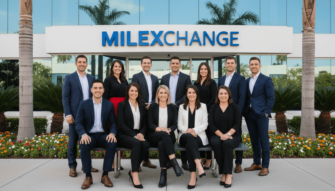 MileXchange team smiling and gathered together in a professional setting
