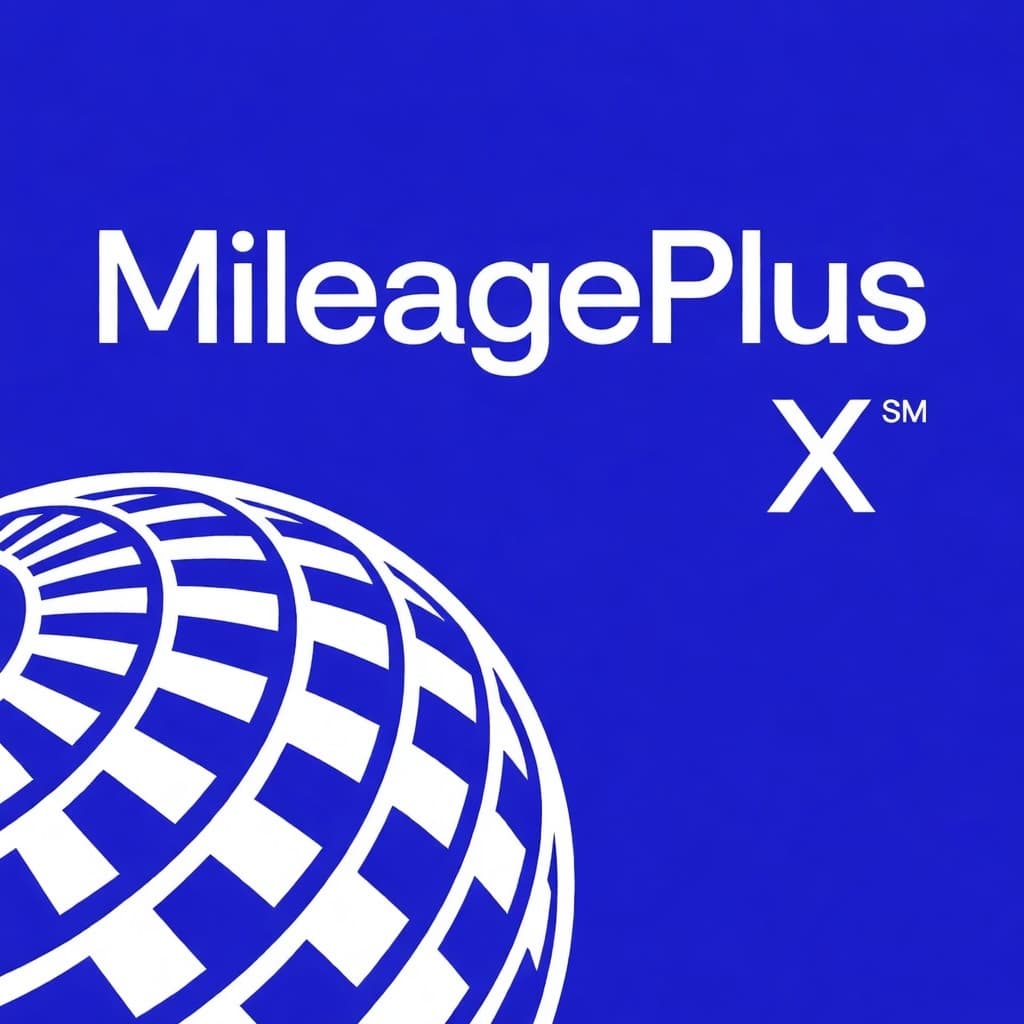 United Airlines MileagePlus X logo, white text and globe on a blue background.